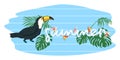 Cute cartoon black toucan on light blue background, wild tropical bird with leaves and flowers, editable vector illustration